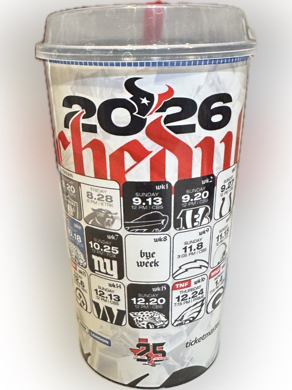 2026 HOUSTON TEXANS FOOTBALL GAME CUP TUMBLER 32OZ SCHEDULE LID STRAW DRINK BEER